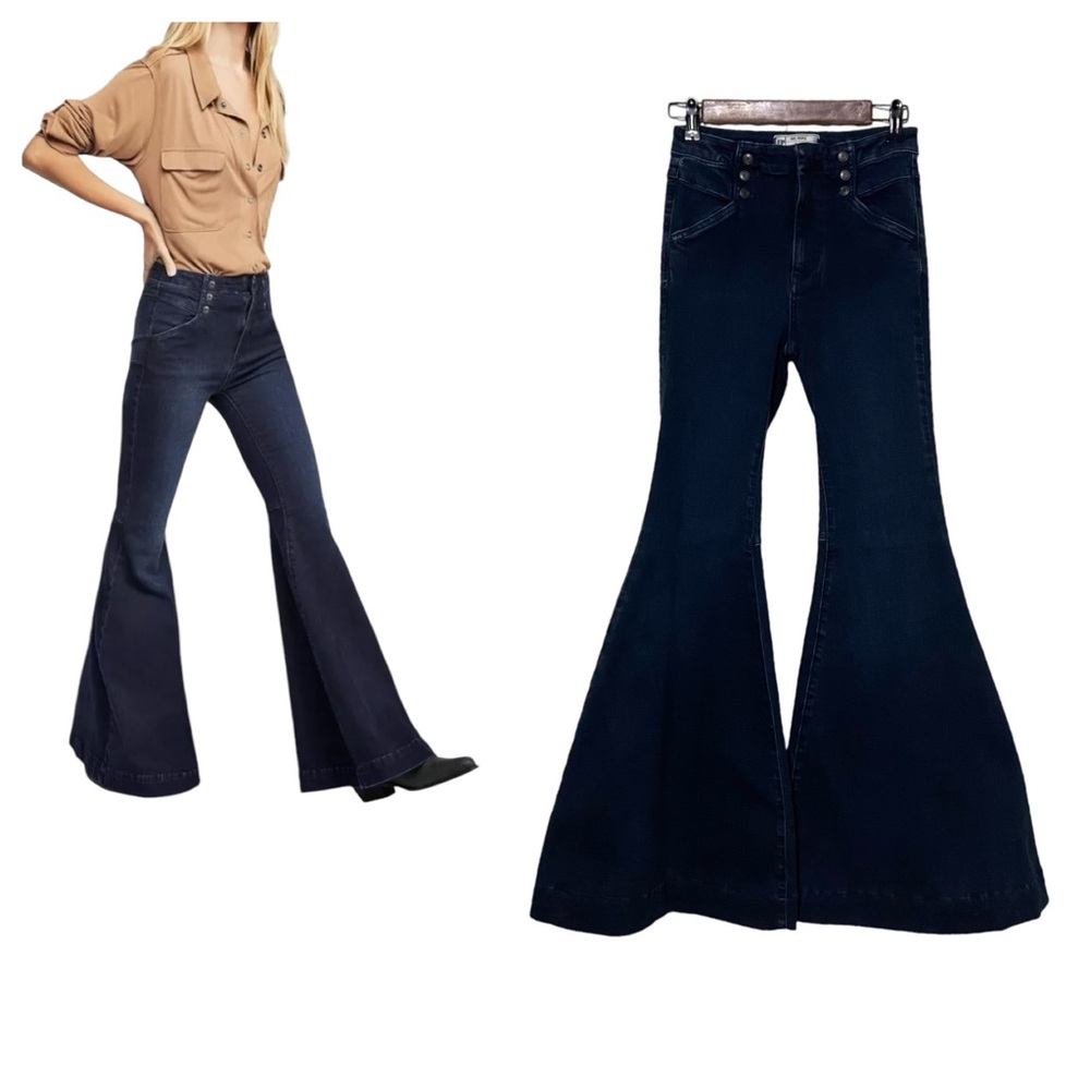 Free People Jeans 25 Maddox Dark Denim Stretch Super Flare Bell Bottom Hippie